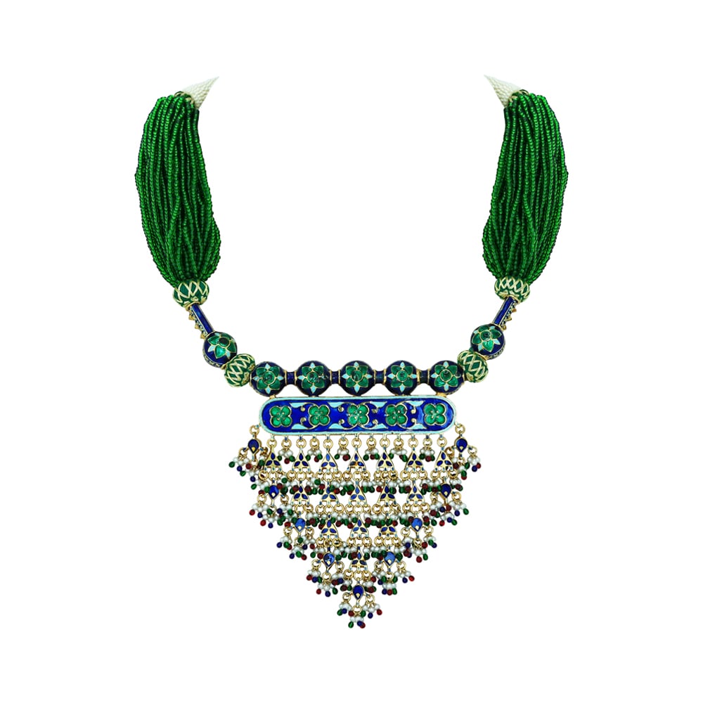 Green Beaded Necklace with Polki and Multicolour Fringe